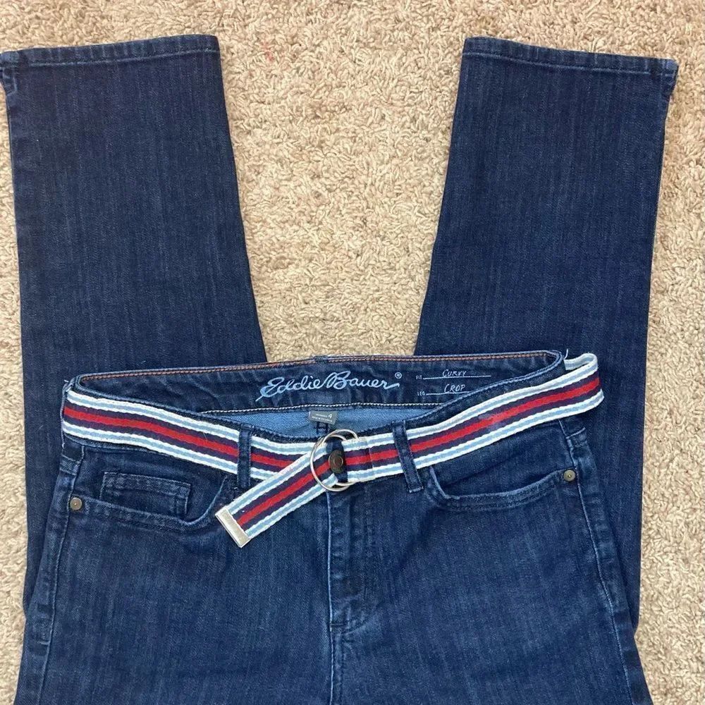Eddie Bauer nautical vibe curvy crop jeans with Striped Belt runs big